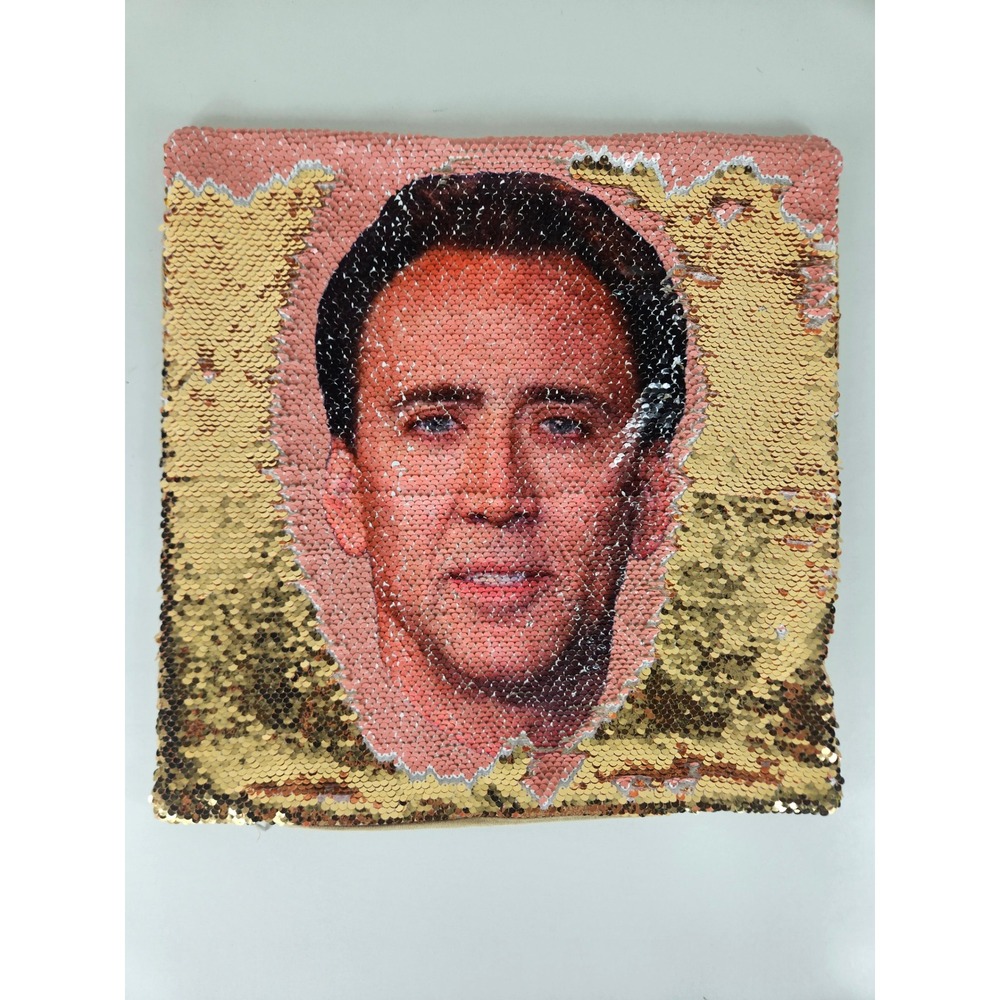 Nicolas Cage Reversible Sequin Pillow Case Gold Pink Magic Meme Gift 15x15"